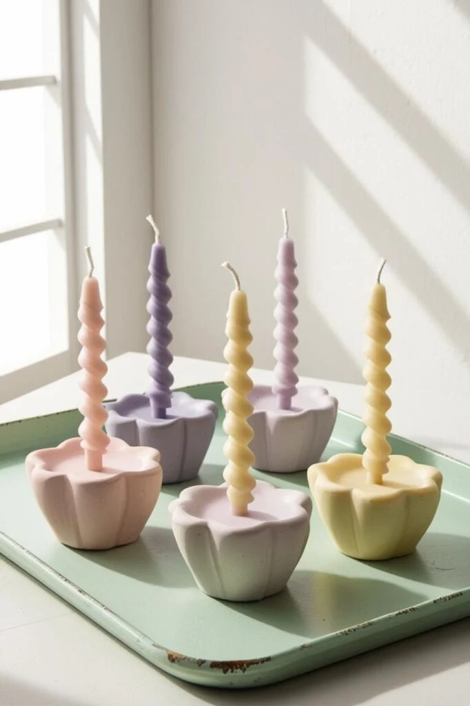 Pastel flower-shaped candle holders made from air dry clay are the perfect DIY accent for spring or summer decor. Learn how to make these cheerful pieces to add charm to your dining table or craft room.