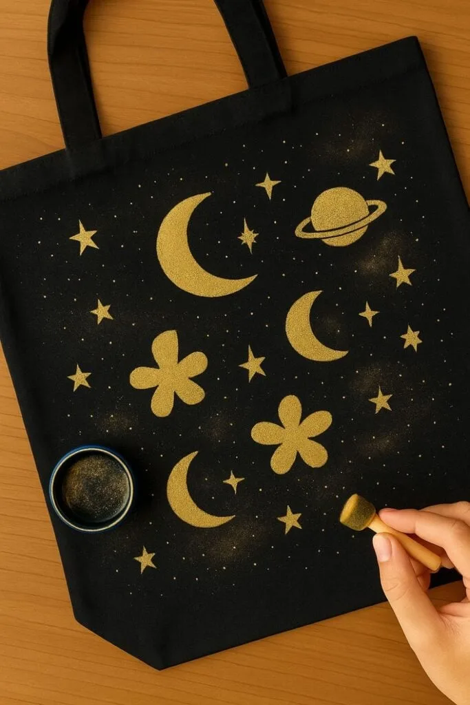 Add tiny gold dots and softly sponge extra shimmer for a glowing galaxy effect! This final step ties your DIY tote bag design together, making your celestial creation shine with cosmic magic