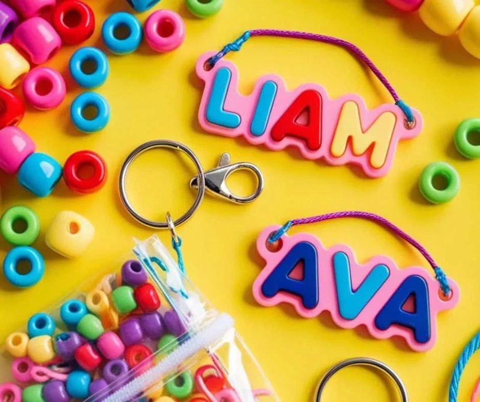 Make your own name keychains with these bright and fun beads! Kids will love crafting their own names and turning them into keychains for backpacks. Great for diy party favors for kids&rsquo; birthday celebrations.