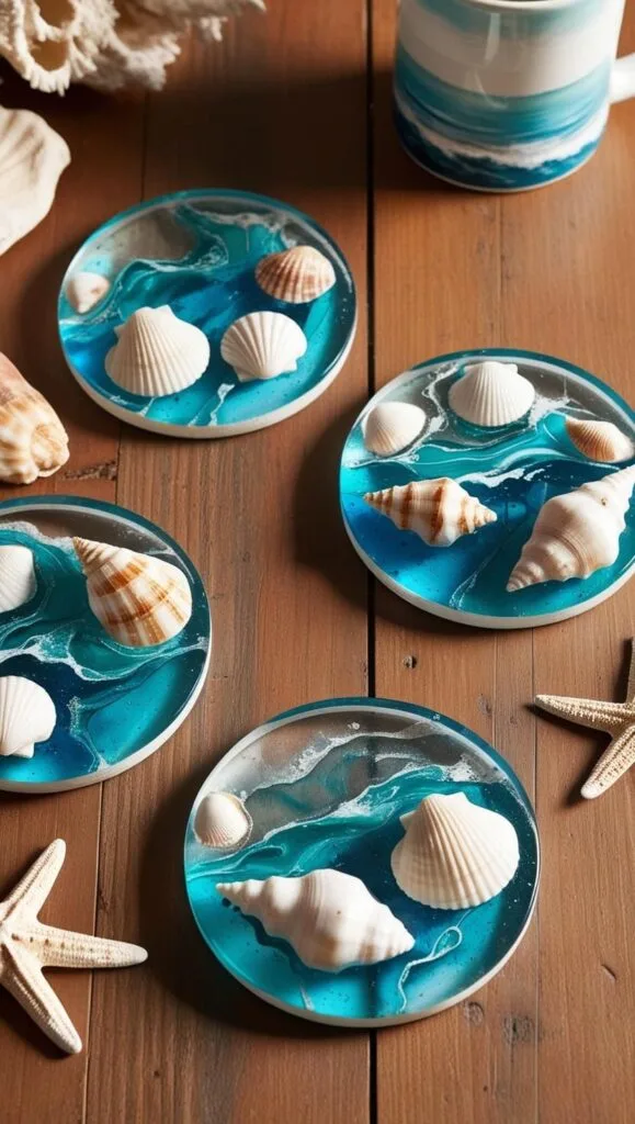 These ocean-inspired resin coasters are a must-make for coastal-style lovers! With swirling blues and real seashells, they’re the perfect handmade room decor idea for your beachy coffee table.