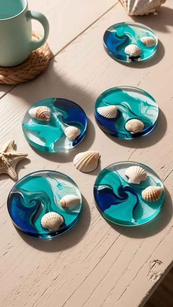 Try this easy DIY to create resin seashell coasters that look like real ocean waves. Perfect for your ocean room aesthetic, coastal kitchen, or as a gift for beach lovers!