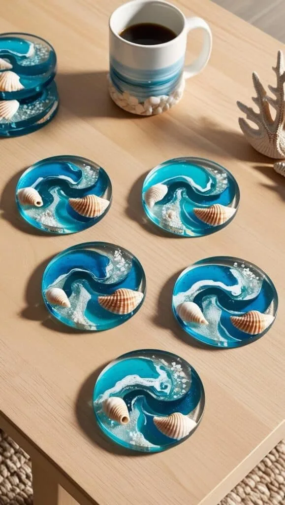 These wave-pattern resin coasters make a bold statement on any table. Add seashells and beachy details for the ultimate handmade room decor aesthetic.