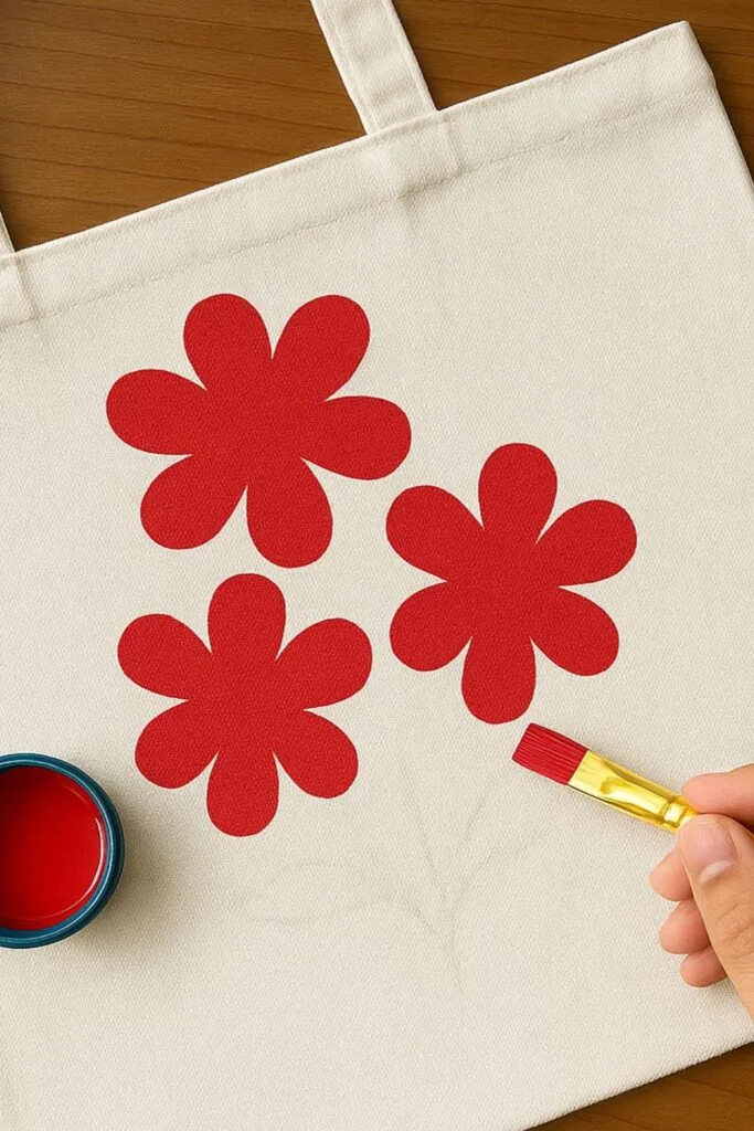 Start your DIY floral painted tote bag by filling in your bright flowers first! Using a simple brush and bold red paint, you can create beautiful blossoms that pop. Perfect for beginners looking for an easy craft idea to make cute, personalized tote bags.