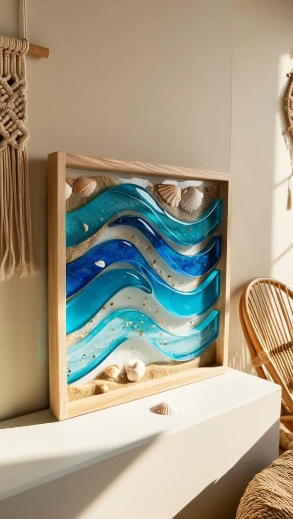 Create a stunning piece of ocean wall art with resin and seashells! This DIY project captures the look of beach waves and brings a peaceful coastal vibe to any room.
