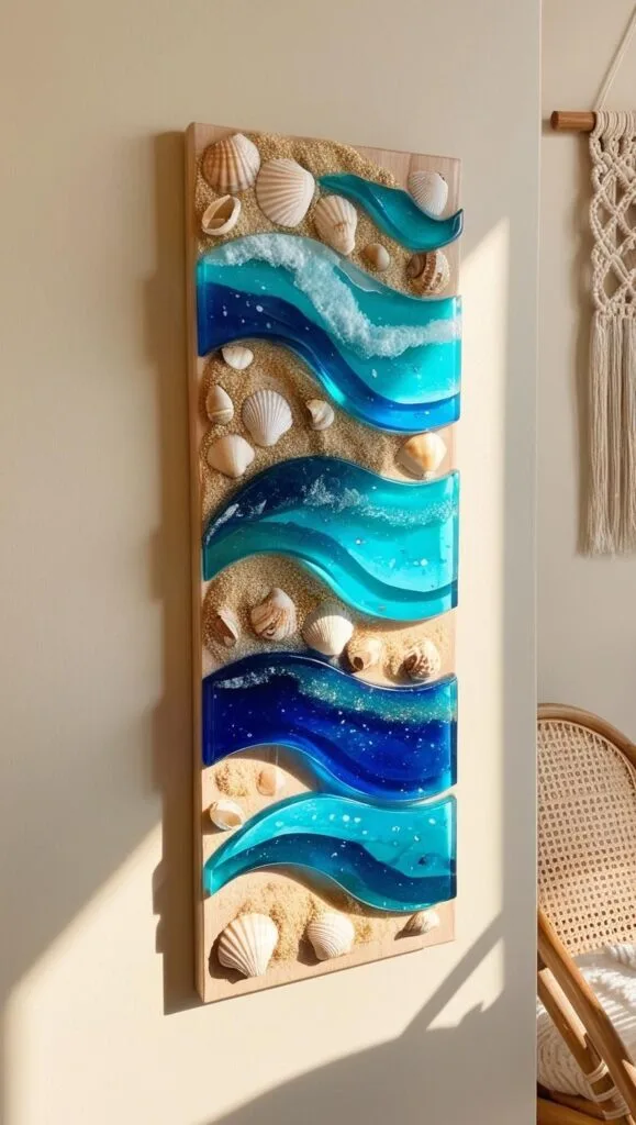 Make your own large resin wall art with this seashell and ocean wave design. It’s a great handmade decor project for anyone who loves DIY coastal aesthetics or wants to decorate their ocean-themed room.