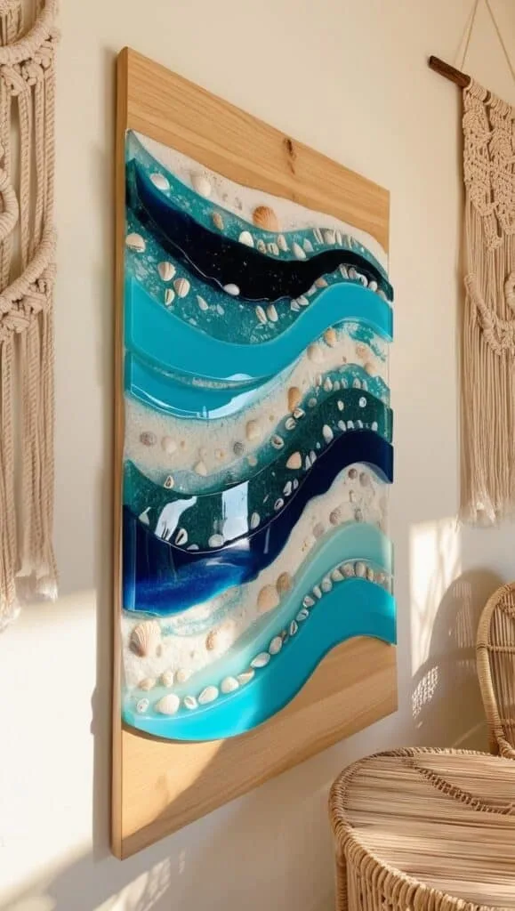 Add waves of color to your wall with this ocean-inspired resin and shell art. A stunning handmade piece that transforms any space into a coastal retreat.