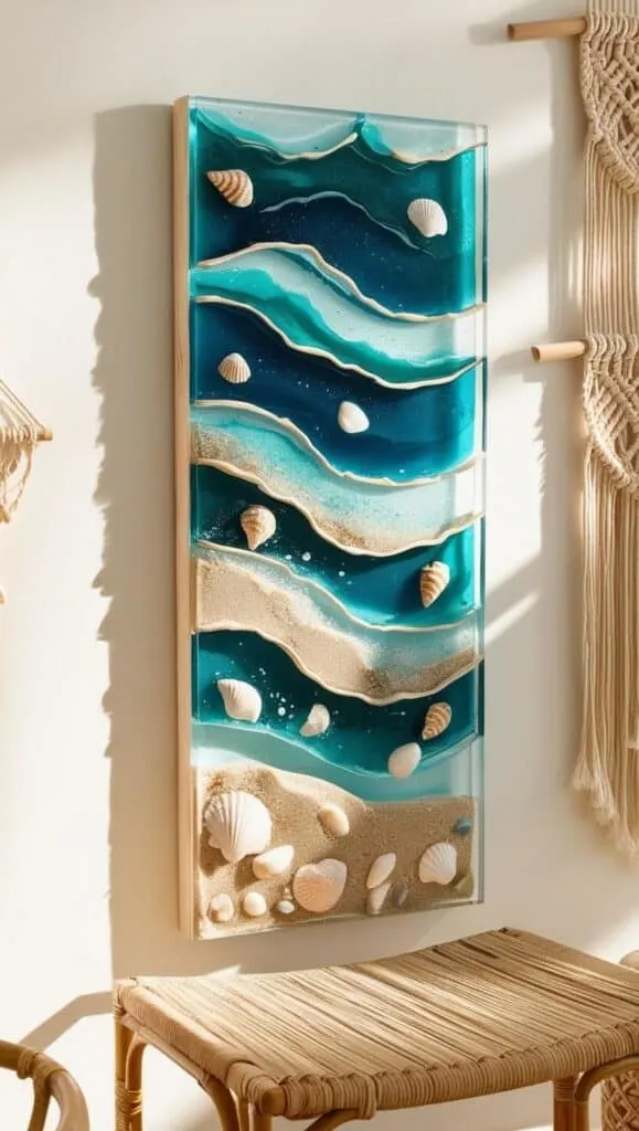 Create stunning ocean-inspired wall art with resin, sand, and real seashells. This handmade decor idea brings beachy vibes into your home and is a gorgeous addition to any coastal, boho, or mermaid aesthetic room.