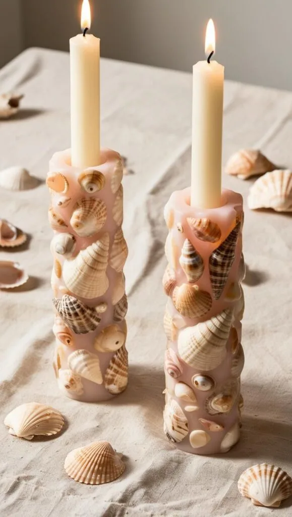 Cozy up your space with these rustic resin candle holders made with real shells. Perfect for boho, beach, or mermaid-themed rooms.