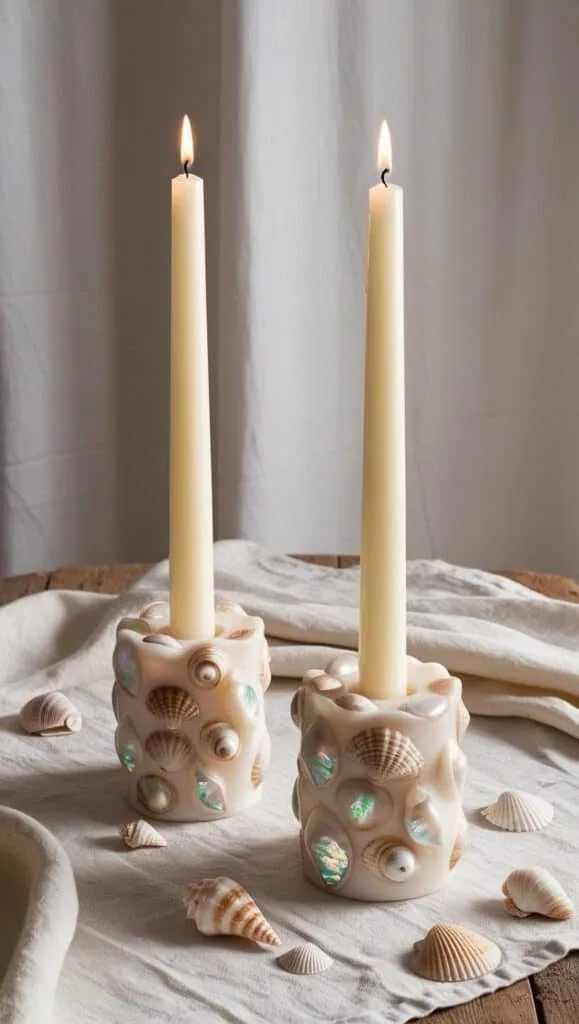 These shimmering seashell candle holders add a magical glow to your decor. Learn how to make them with resin, shells, and pearlescent details.