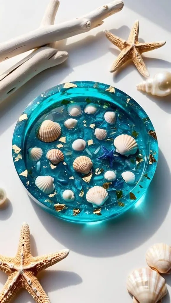 Drift into beachy bliss with this resin trinket tray! Filled with seashells, gold flakes, and coastal charm, it’s the perfect handmade accent piece.