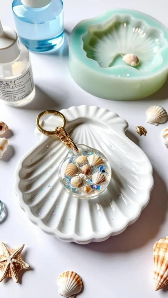 Turn tiny beach treasures into something practical and pretty! This gold-accented resin seashell keychain is a fun DIY that adds coastal charm to any keyring.