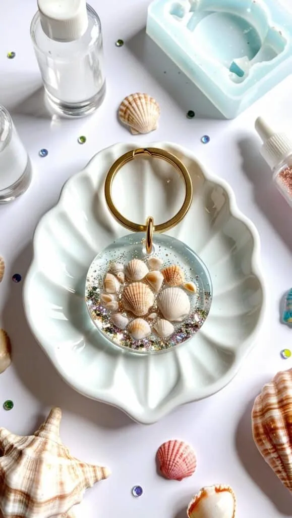 This scallop-shaped keychain is a beachy showstopper! Try this simple resin craft with confetti glitter and mini shells for a fun and trendy result.