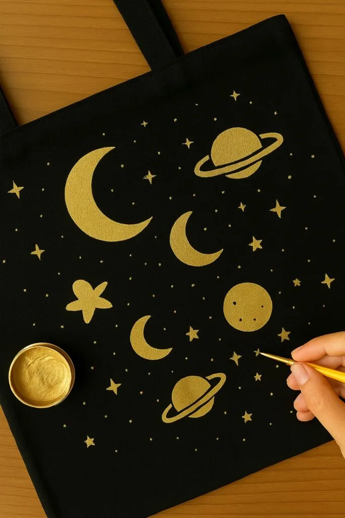 Transform your tote bag with golden planets, crescent moons, and stars. Layer these celestial shapes over your galaxy clouds to create a bold, magical outer space design that’s easy and beautiful for beginners.