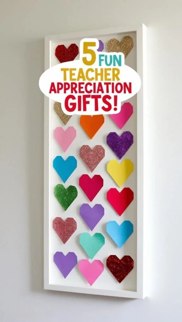 Need fun and easy teacher appreciation gifts? This image highlights 5 DIY ideas kids can help create, including paper hearts, pencil vases, and framed artwork. They're cheap teacher appreciation gifts that still feel personal and joyful. Great for last-minute projects that celebrate your favorite educator in a heartfelt way.