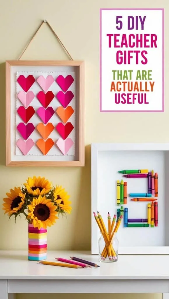 Looking for cheap teacher gifts that still feel special? This display includes a heart wall hanging, colorful crayon monogram, and a sunflower pencil vase—all for under $5. These creative teacher gift ideas are fun, functional, and easy enough for kids to help with. Great for teacher appreciation week or the last day of school.