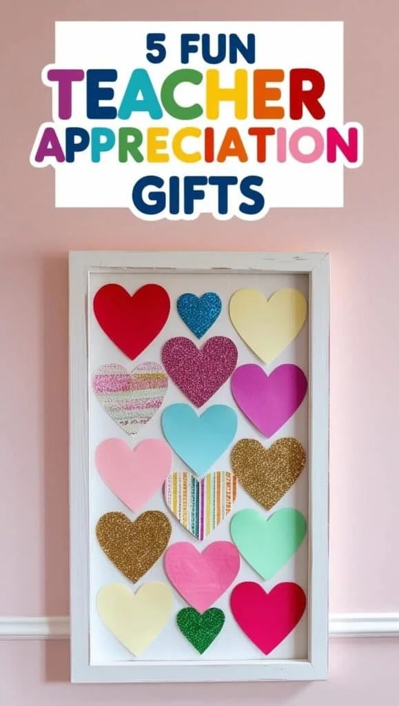 This rainbow heart collage is a creative class gift that teachers will treasure. Each heart is cut from glittery or colorful paper and arranged in a framed design perfect for hanging in the classroom. It’s a sweet and simple way for every student to contribute to a meaningful group gift.