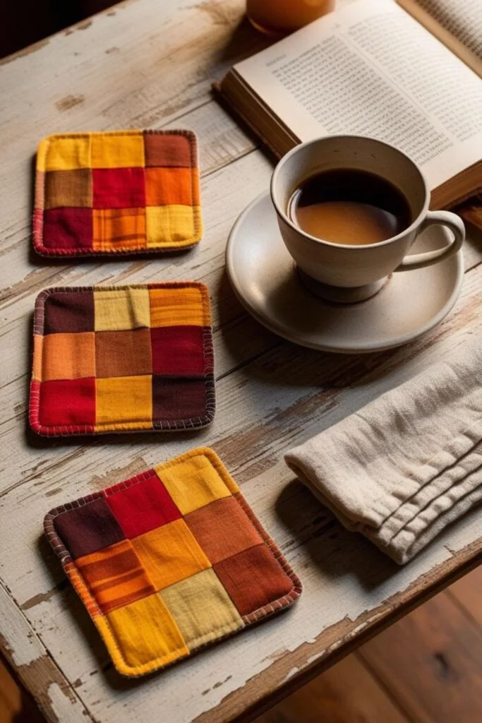 Brighten your table with these cozy, autumn-toned quilted fabric scrap coasters. This fall DIY craft idea is beginner-friendly, quick to sew, and perfect for using up leftover fabric. Pin now to try this relaxing weekend project.