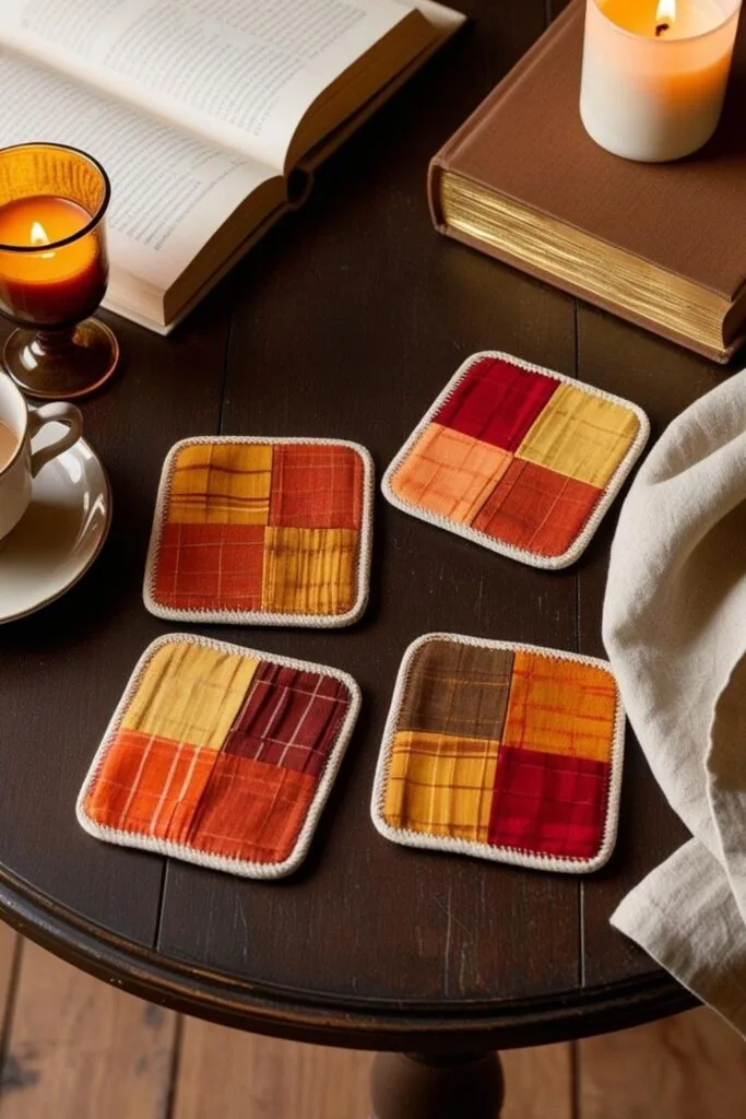 Cozy up with a warm drink and these handmade fabric scrap coasters. This autumn craft uses bold patchwork squares and is perfect for seasonal home decor or thoughtful handmade gifts.