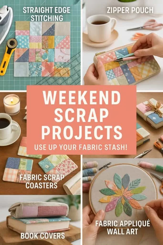 Looking for beginner fabric scrap projects you can finish in a weekend? This Pinterest-perfect collage has 5 ideas including coasters, zipper pouches, book covers, and wall art. Pin this for your next sewing day!