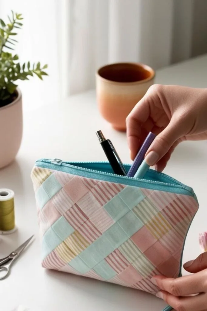 Turn leftover fabric strips into this cute zippered pouch! The pastel patchwork design makes it a great handmade gift idea or craft fair product. Perfect DIY project for weekend sewing sessions.