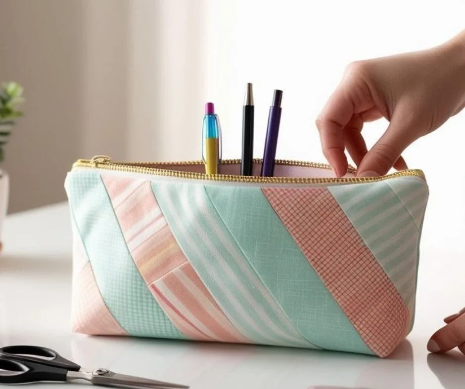 This pastel patchwork zipper pouch is a beautiful way to use up fabric scraps. Soft tones, tidy seams, and a polished finish make this a must-try sewing idea for beginners and experienced crafters alike.