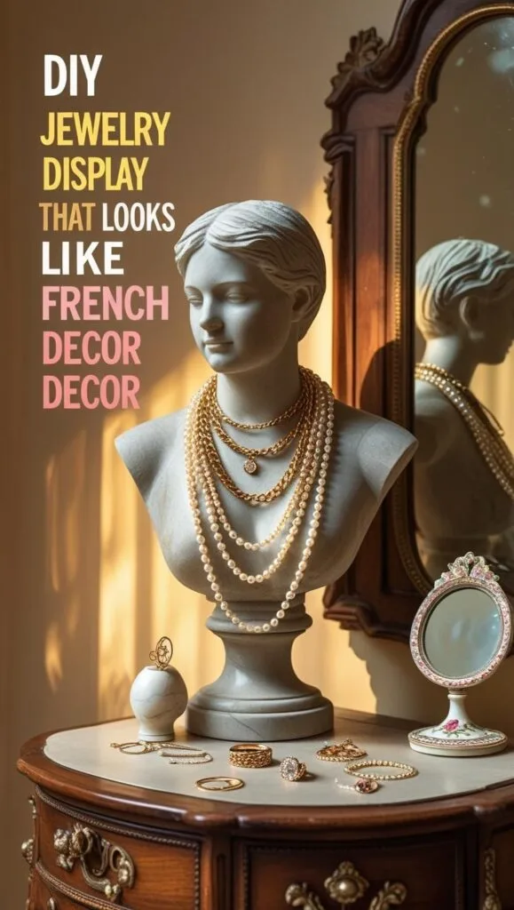 Turn a vintage bust into a stunning necklace holder with this upscale DIY project. Perfect for dressing rooms or vendor displays, this craft idea screams French elegance on a Dollar Tree budget. Keywords: jewelry organizer ideas, classy bedroom decor, luxury home DIYs.