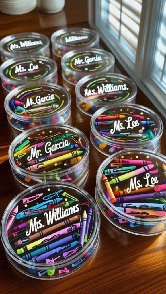 Make back-to-school season fun with these labeled crayon containers. Perfect for teachers or party favors, each one is personalized with a name in white vinyl. A quick Cricut craft that turns simple plastic containers into smile-worthy gifts!