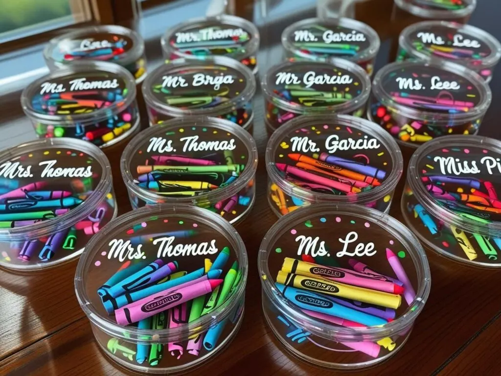 These round crayon containers are personalized for multiple teachers using white vinyl lettering and filled with vibrant crayons. This easy Cricut craft makes a thoughtful back-to-school or end-of-year gift for your child’s favorite educators. Affordable, colorful, and ready to gift.