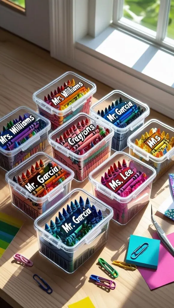 Organize crayons by color or class with these vibrant, labeled plastic bins. Ideal for teacher gifts or classroom supplies. Just add your favorite vinyl and Cricut skills to turn a simple container into a colorful masterpiece.