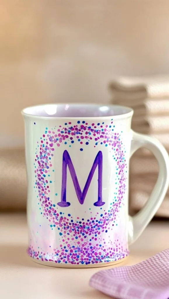 This monogram mug combines Sharpie dot art with soft shimmer for a dreamy, personalized effect. A perfect gift for coffee lovers or creative friends. You can use rainbow or pastel dots to suit your vibe!