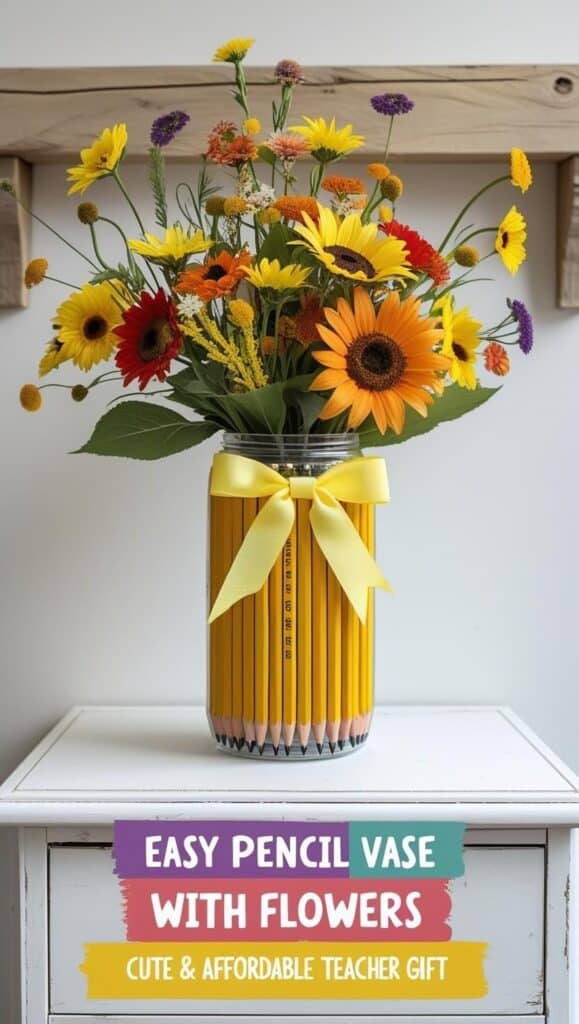 This easy pencil vase with flowers is the ultimate teacher gift—cute, simple, and under $5! Whether you're gifting it as a flower-filled desk accessory or a classroom pencil holder, it's guaranteed to bring a smile. Add a ribbon and note for that extra personal touch. Perfect DIY project for end-of-year or appreciation gifts.