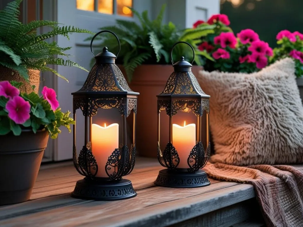 Create designer-style ambiance with these Dollar Tree lanterns! Styled with faux candles, these lights give your porch that Pottery Barn vibe for a fraction of the price. Keywords: chic porch lighting, farmhouse porch decor, DIY outdoor lighting ideas.