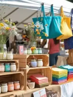 This rainbow vendor booth uses stacked crates, wire grids, and colorful rows of t-shirts and bags for a visually stunning display. Mason jars, crochet accessories, and folded fabrics are all beautifully staged to maximize small space. One of the best market set up ideas for color-driven branding.