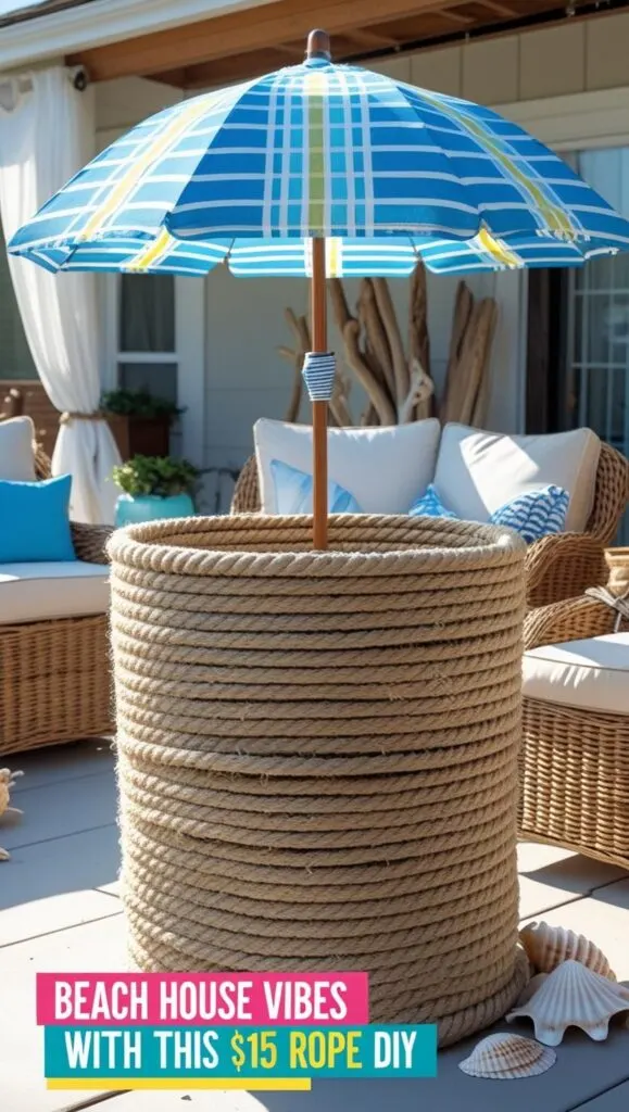 This $15 rope umbrella stand DIY adds the perfect coastal charm to any patio. Made with Dollar Tree rope and a plastic hamper, it’s a stylish way to hide ugly umbrella bases. Great for classy backyard setups or selling at summer markets. Keywords: beach house decor, nautical DIY, rope crafts, luxury home accessories.