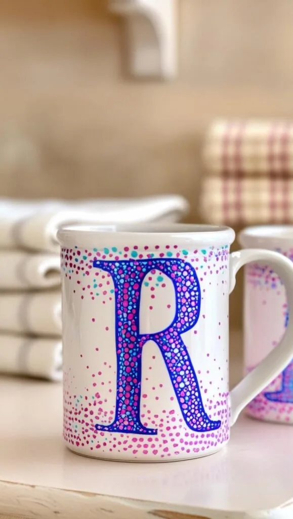 These cute dotted mugs are handmade using oil-based Sharpies and Dollar Tree ceramics! Learn how to monogram mugs that are dishwasher-safe and perfect for custom gifts. With pastel mugs and dotted art, this is a great craft project for moms, teachers, and DIY gift-makers. Make a batch and surprise your friends with a thoughtful handmade item.