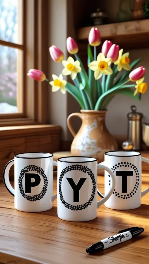 Add a sleek, modern twist to your coffee cup collection with these black and white Sharpie dot mugs! This easy DIY uses oil-based markers and Dollar Tree mugs to create custom monogram designs. The bold letters and dotted circles make these a standout gift or table addition. Set the scene with fresh flowers and handmade charm.