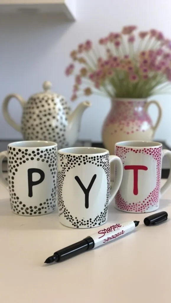 Create personalized mugs like these cute monogram designs using only Sharpies and Dollar Tree mugs. It’s the perfect weekend craft for custom gifts, gal pal coffee dates, or even fun business merch. Use a dotted border to keep it playful and eye-catching!
