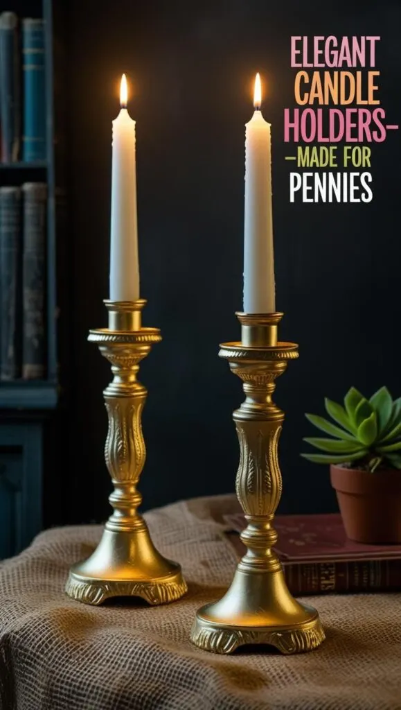 These thrifted candlestick holders were transformed into luxe gold decor using spray paint. Perfect for sophisticated interior design, weddings, or fall centerpieces. Get the high-end look for less with this easy home decor DIY. Keywords: elegant house decor, candle holder DIY, fancy interior design.