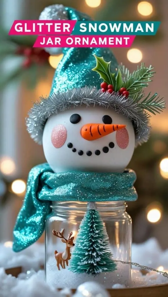 Looking for a sparkly snowman ornament idea? This glittery DIY snowman is made with clay and topped with a festive hat and scarf. It&rsquo;s a showstopper for your Christmas tree or holiday table centerpiece. A must-try for fans of glitter and cute crafts!