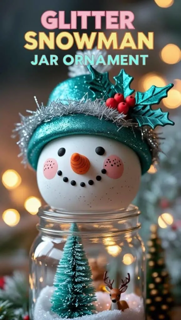 Turn a plain jar into a magical snow globe with this glitter snowman jar ornament! Made with air dry clay, faux snow, and mini bottle brush trees, it&rsquo;s the perfect holiday decor or handmade gift idea. Discover how to make your own charming clay snowman topper.