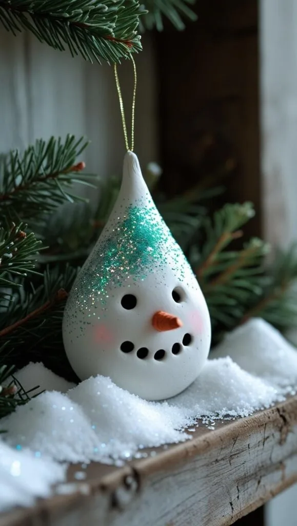 Looking for a modern twist on Christmas crafts? This minimalist teardrop snowman ornament made with air dry clay and shimmering glitter is the perfect blend of chic and festive. It's an easy DIY snowman idea for crafters who love clean lines and sparkly details!