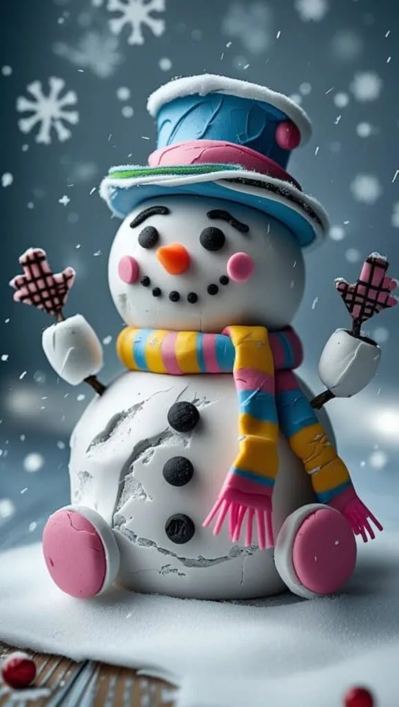 This seated snowman sculpture looks straight out of a holiday storybook! Crafted from air dry clay, it features a whimsical scarf, colorful mittens, and a big smile. This DIY Christmas craft makes a great centerpiece or keepsake gift to cherish year after year.