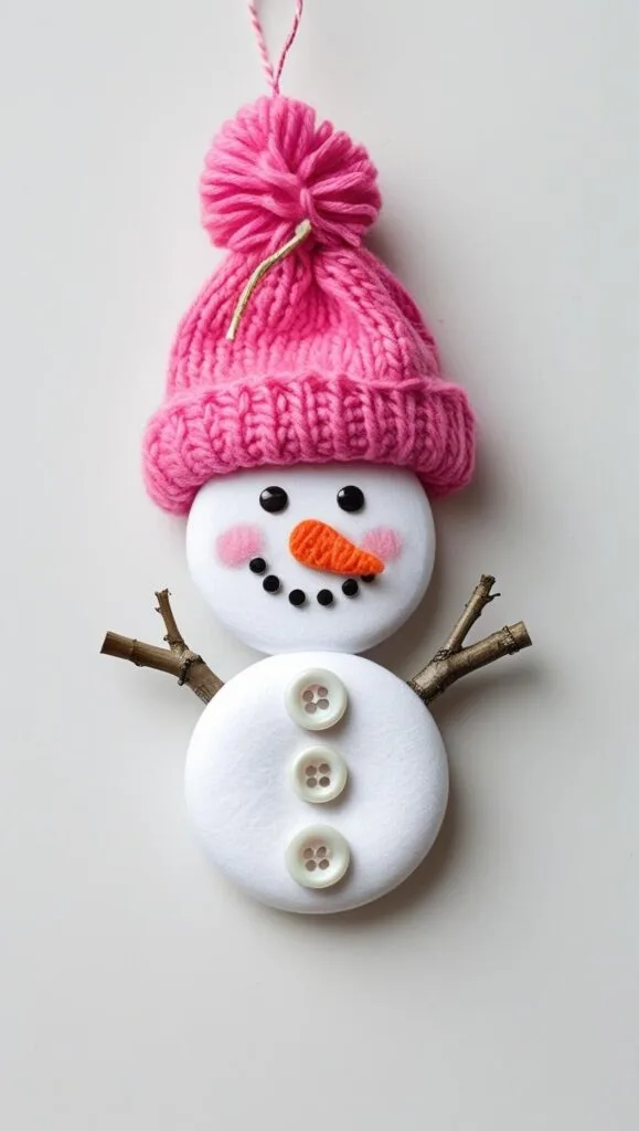 This DIY button snowman ornament is perfect for kids and beginner crafters! Made with simple supplies like felt, buttons, and twigs, this little snowman in a bright pink hat is a fun and budget-friendly project to brighten up your holiday tree.