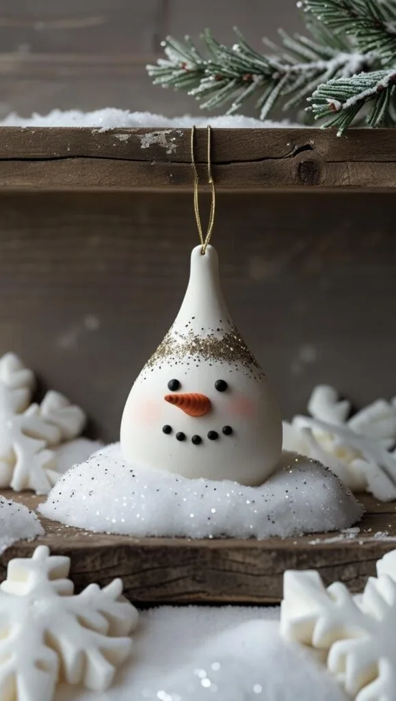 This sparkly teardrop-shaped snowman head ornament with gold glitter is a beautiful handmade addition to your tree. Sculpted from air dry clay and detailed with black dots and a carrot nose, it&rsquo;s an elegant take on the classic DIY snowman ornament.