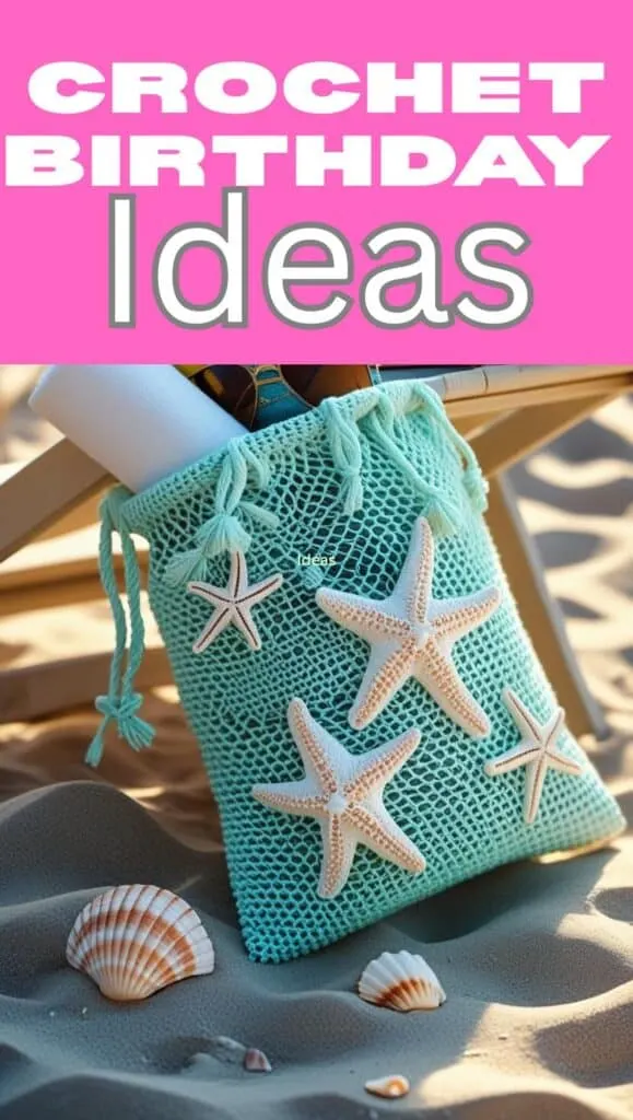 Looking for a unique crochet birthday gift? This sea-inspired beach tote with starfish accents is perfect for ocean lovers. It&rsquo;s one of the best quick crochet ideas for summer birthdays, and it&rsquo;s beginner-friendly! Add a rolled towel, sunglasses, or sunscreen to complete the gift. Ideal for small crochet gifts with personality.