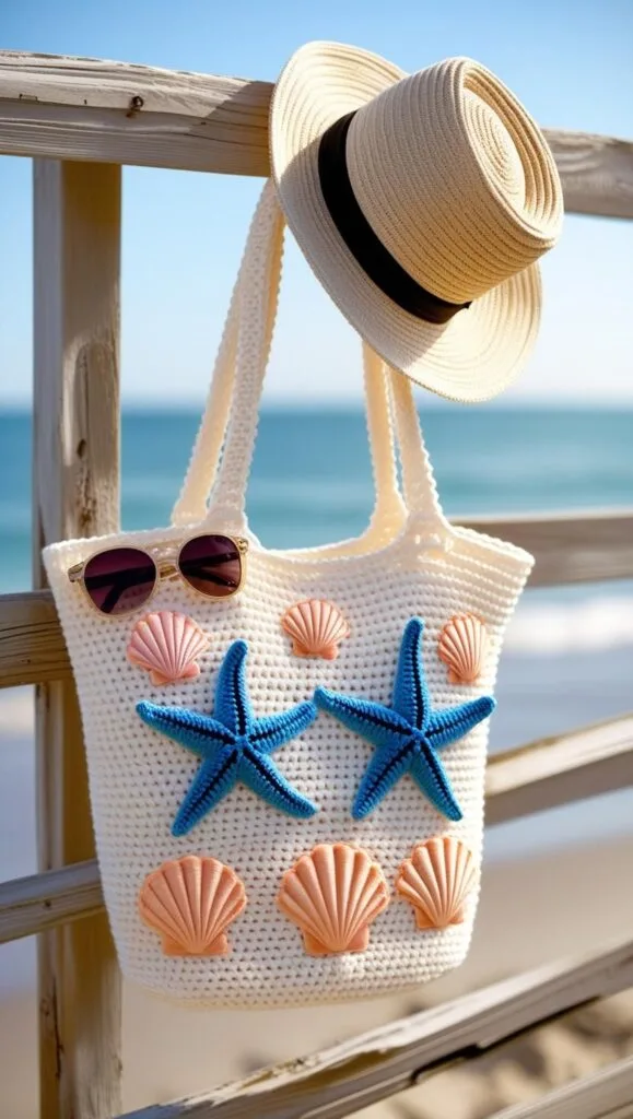 This beach-themed crochet tote is the perfect handmade gift for summer birthdays, vacations, or coastal decor lovers. Featuring seashell and starfish appliqu&eacute;s, it&rsquo;s a fun small crochet project that turns heads. A stylish DIY that you can finish in a day and fill with beach day goodies.