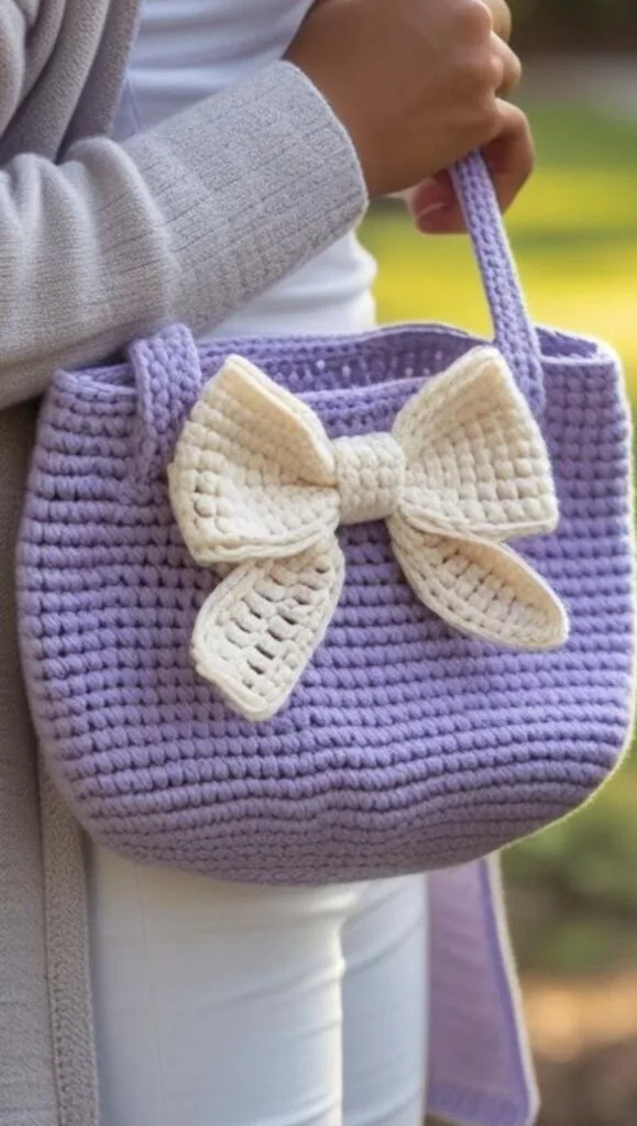 This mini bow bag is one of the easiest small crochet ideas to make in a day! The soft purple and cream combo gives it a sweet, feminine touch. Whether you&rsquo;re making gifts for teens, moms, or friends, this quick crochet bag adds charm and function to your handmade lineup.