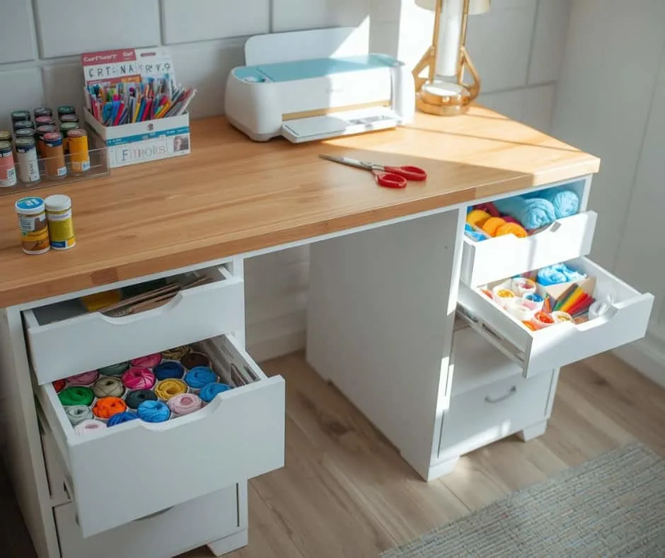 Even a tiny craft room can become a dream setup with the right organization! This cozy craft nook features colorful bins, pegboards, and clever stationary storage ideas that maximize every inch of space. Perfect for small craft room ideas or basement craft rooms, this inspiration proves you don’t need a big budget for a functional and beautiful craft room set up.