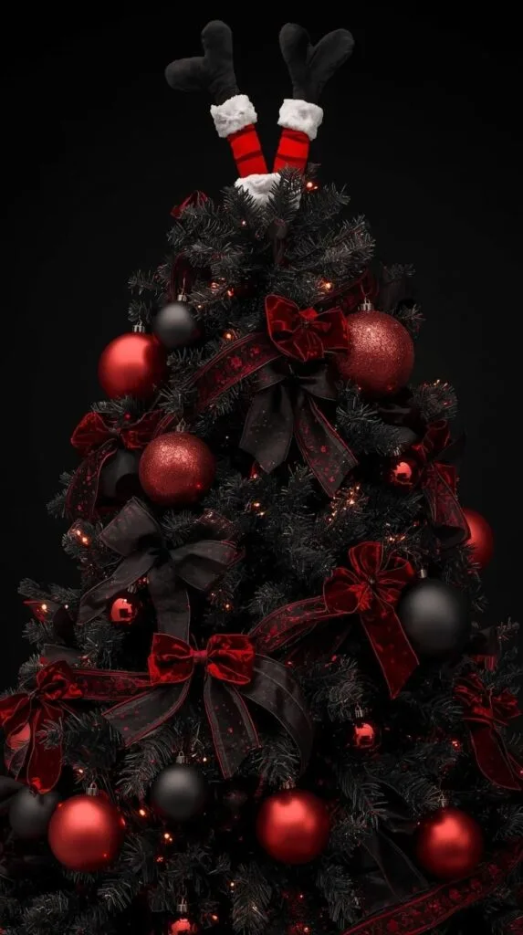 This bold black and red Christmas tree is the perfect mix of festive and edgy. Deep red ornaments, layered ribbon, and a playful Santa-leg topper make this look unforgettable. Great for anyone trying black Xmas tree decorating ideas with a twist. Save this if you love dramatic, modern Christmas tree styles with personality.