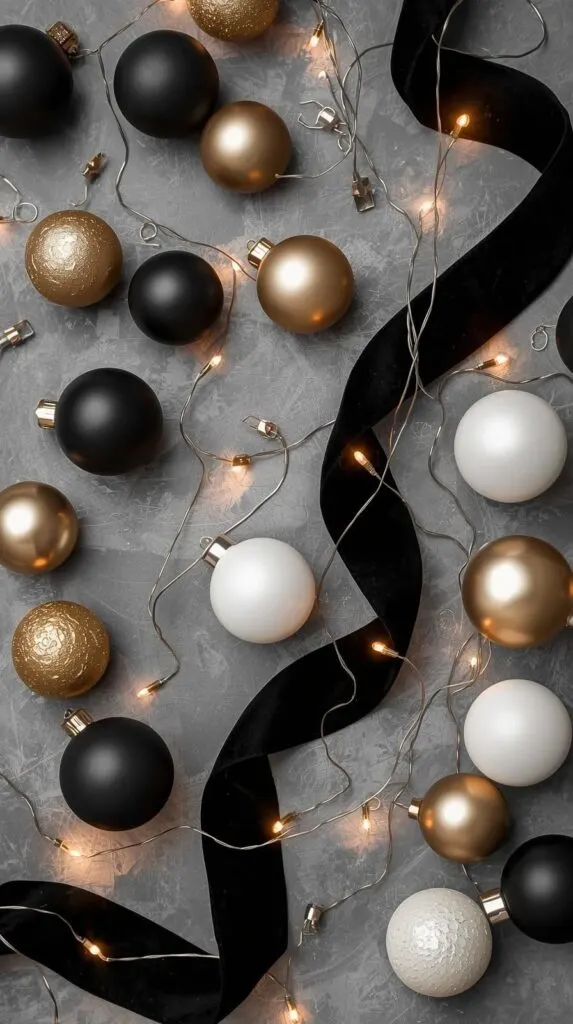 Planning a black Christmas tree this year? This flat lay shows the exact supplies you need—matte black ornaments, gold baubles, white accents, velvet ribbon, and twinkle lights. It’s the perfect inspiration for anyone exploring modern Christmas tree ideas or black and gold Christmas decor. Great for crafters who want a streamlined, affordable decorating plan.